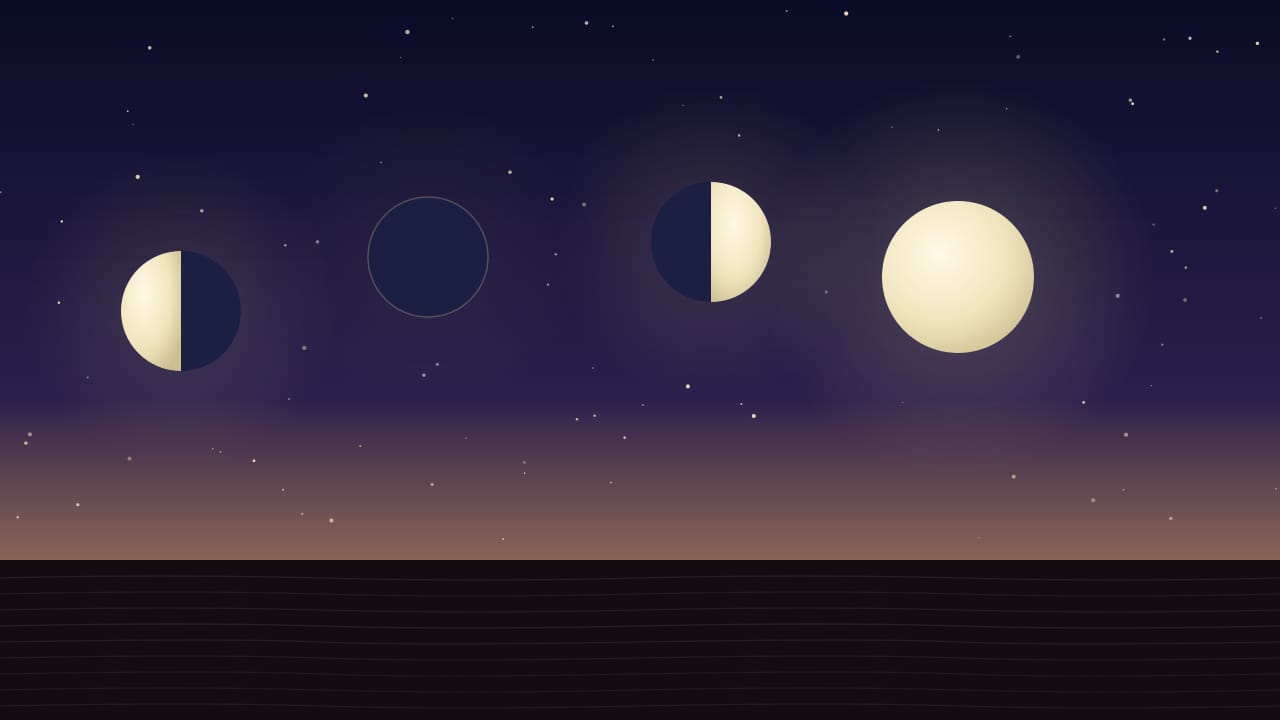 Ilustración del calendario lunar de octubre de 2026: cuarto menguante el 3, luna nueva el 10, cuarto creciente el 18 y luna llena el 25 (día de Ciudad de México)