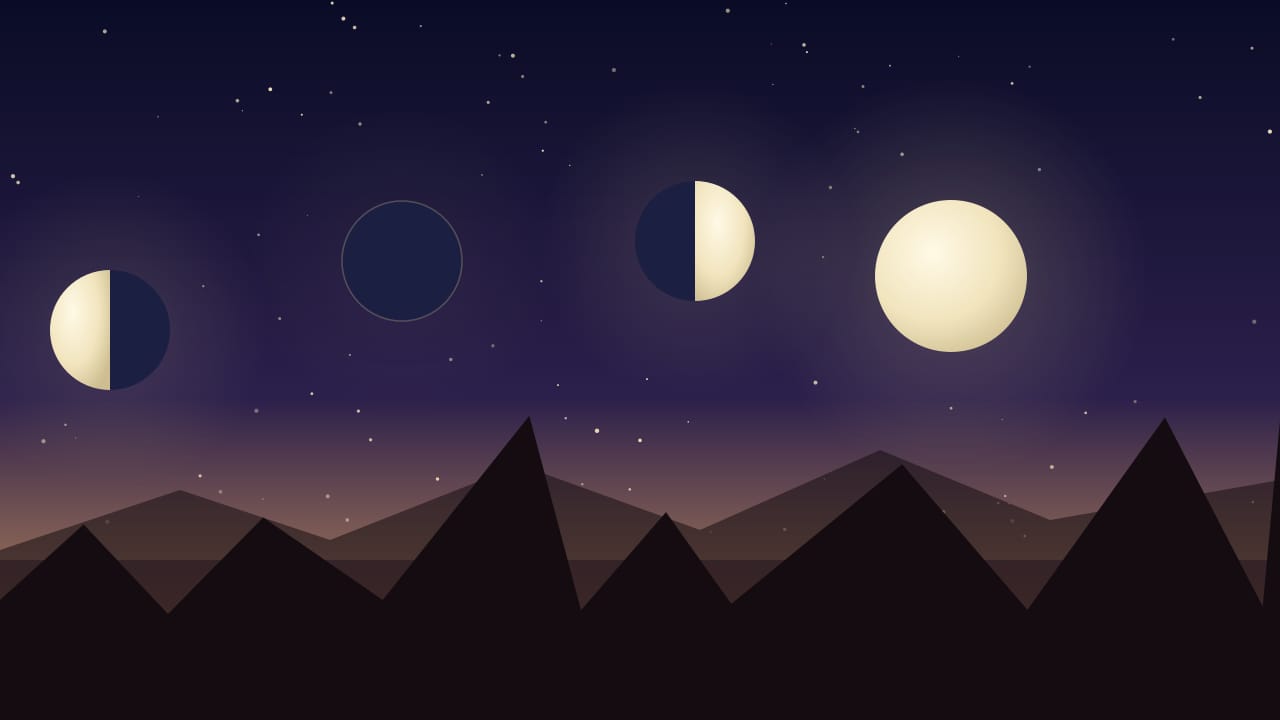 Ilustración del calendario lunar de noviembre de 2026: cuarto menguante el 1, luna nueva el 9, cuarto creciente el 17 y luna llena el 24 (día de Ciudad de México)