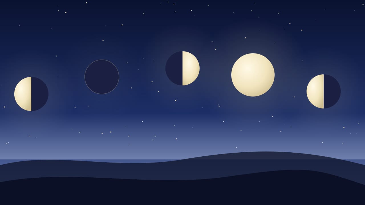 Ilustración del calendario lunar de diciembre de 2026: cuarto menguante el 1, luna nueva el 8, cuarto creciente el 16, luna llena el 23 y cuarto menguante el 30 (día de Ciudad de México)
