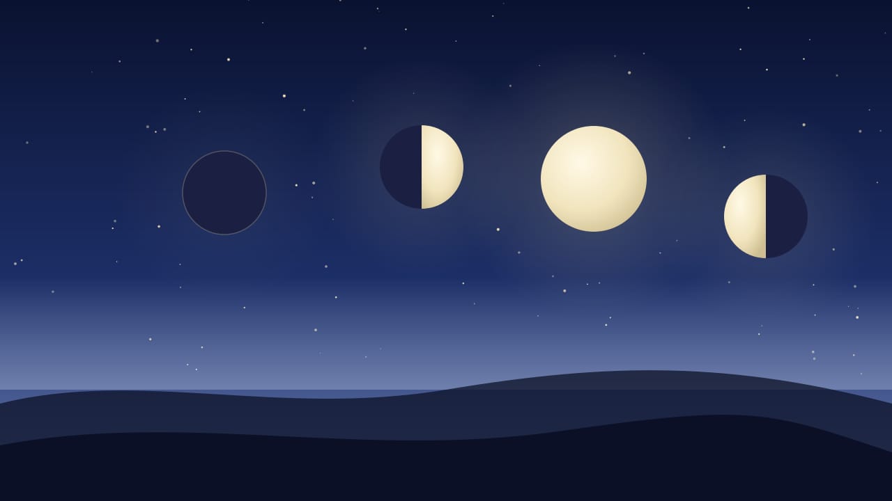 Ilustración del calendario lunar de enero de 2027: luna nueva el 7, cuarto creciente el 15, luna llena el 22 y cuarto menguante el 29 (día de Ciudad de México)