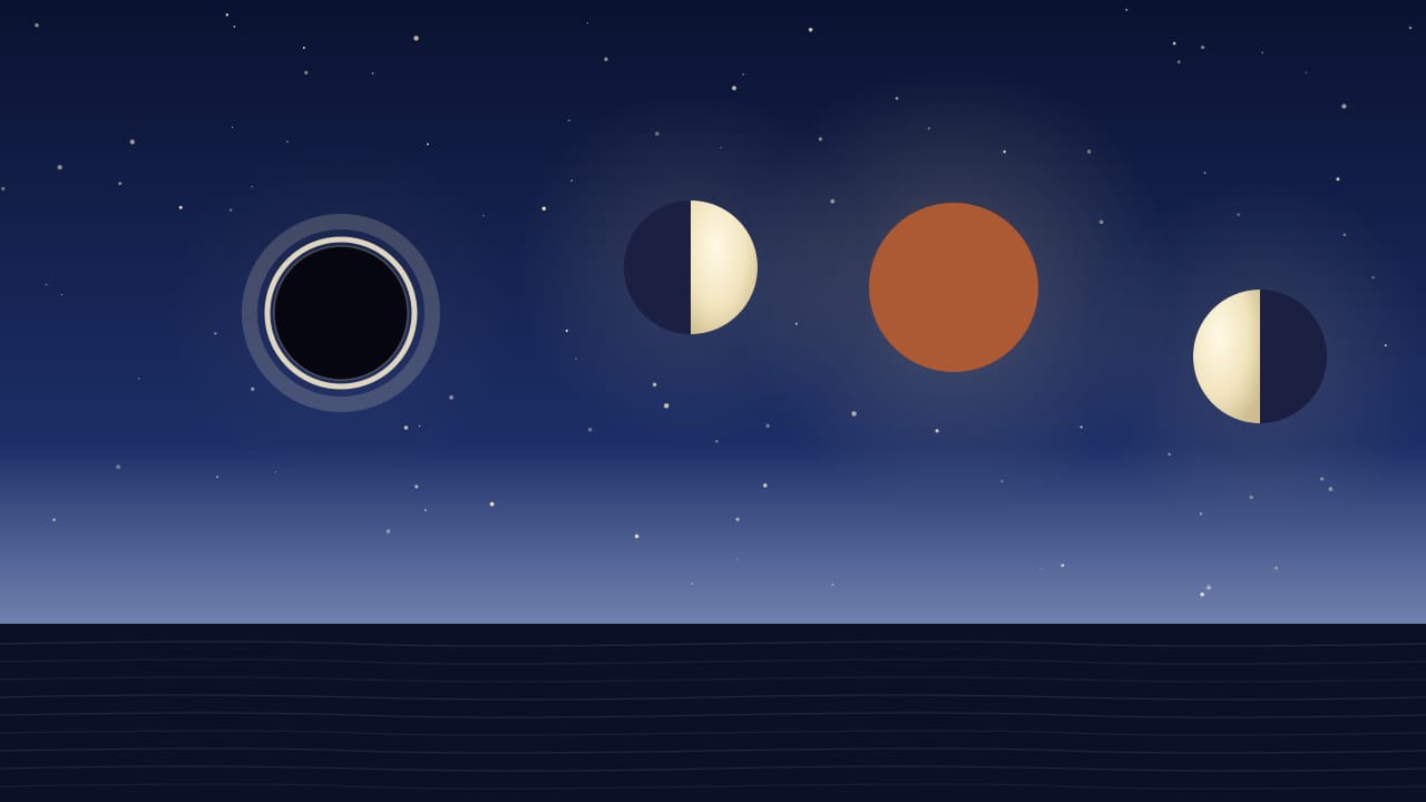 Ilustración del calendario lunar de febrero de 2027: luna nueva el 6 (eclipse solar), cuarto creciente el 14, luna llena el 20 (eclipse lunar) y cuarto menguante el 27 (día de Ciudad de México)