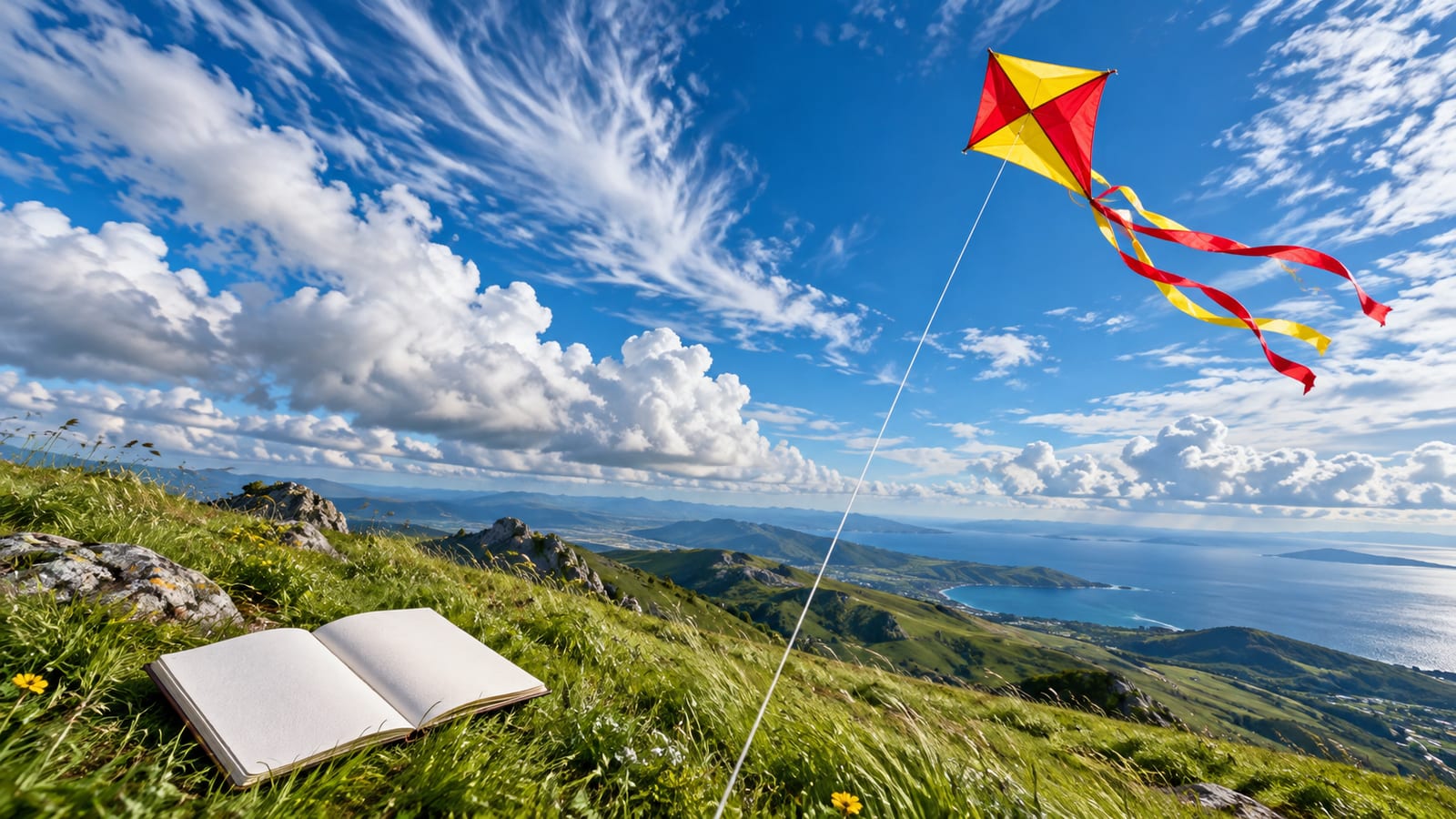 Una cometa de colores volando alto sobre una colina verde bajo un cielo azul con nubes, con el hilo tenso y un cuaderno de dibujo en blanco abierto sobre la hierba.
