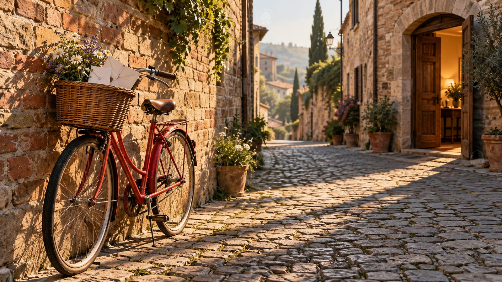 Una bicicleta roja antigua apoyada en una pared de ladrillo al sol de la mañana, con la cesta llena de sobres cerrados y flores, en una calle de barrio con una puerta abierta al fondo.