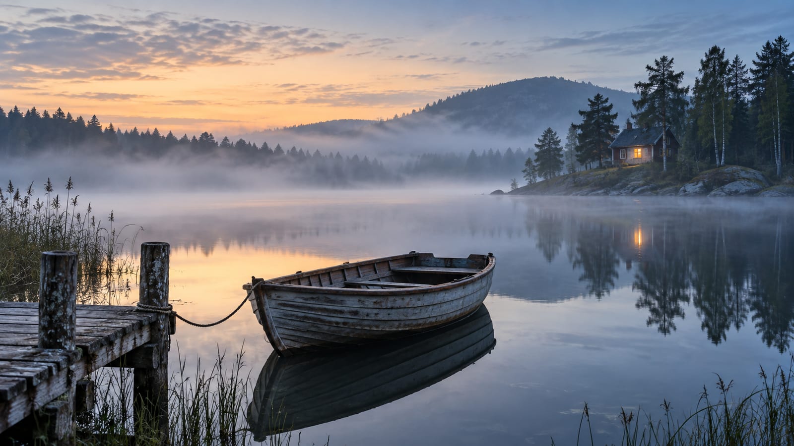 Un lago quieto al amanecer con niebla baja, una barca de madera amarrada a un embarcadero y una casita con una ventana iluminada en la orilla.