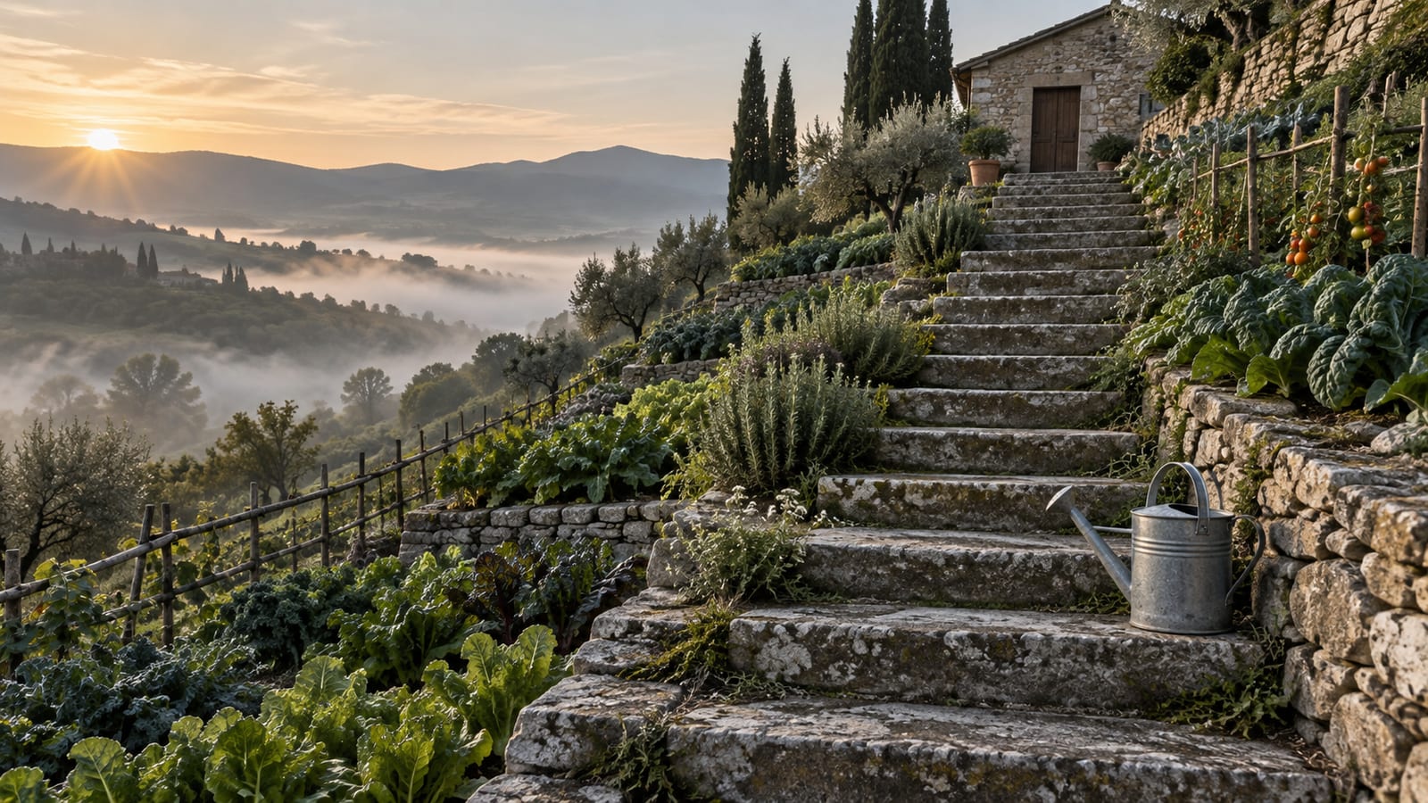 Una escalera de piedra que sube entre terrazas de huerto ordenadas al amanecer, con niebla baja, una regadera de zinc en un escalón y una casa de piedra con la puerta cerrada arriba.