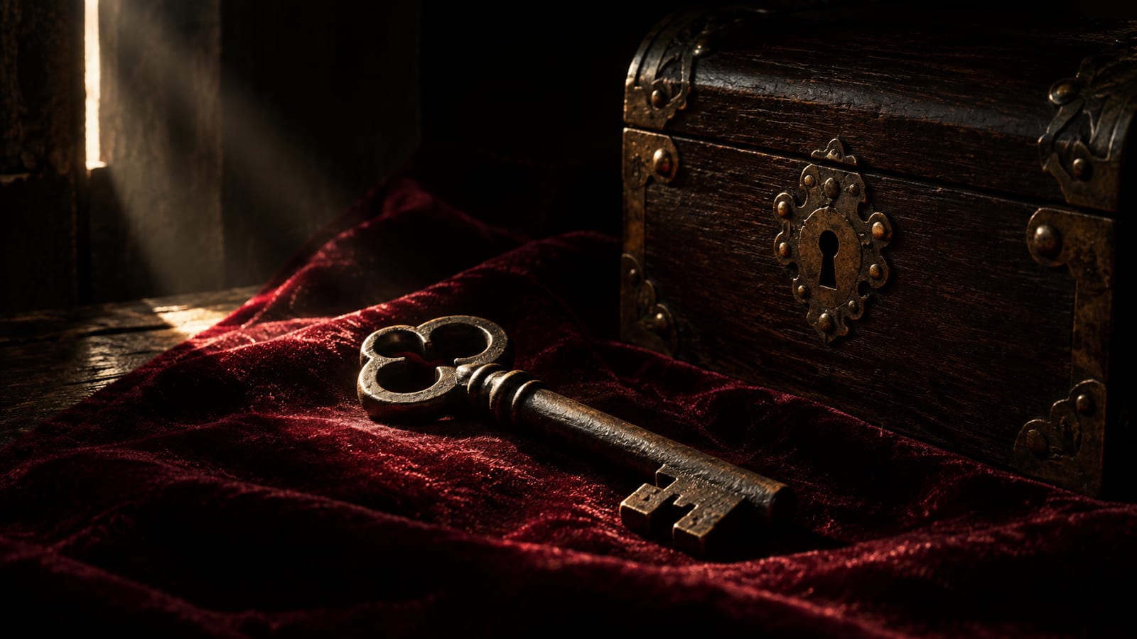 Una llave de hierro antigua sobre terciopelo granate junto a un cofre de madera cerrado, iluminados por un solo haz de luz entre sombras profundas.
