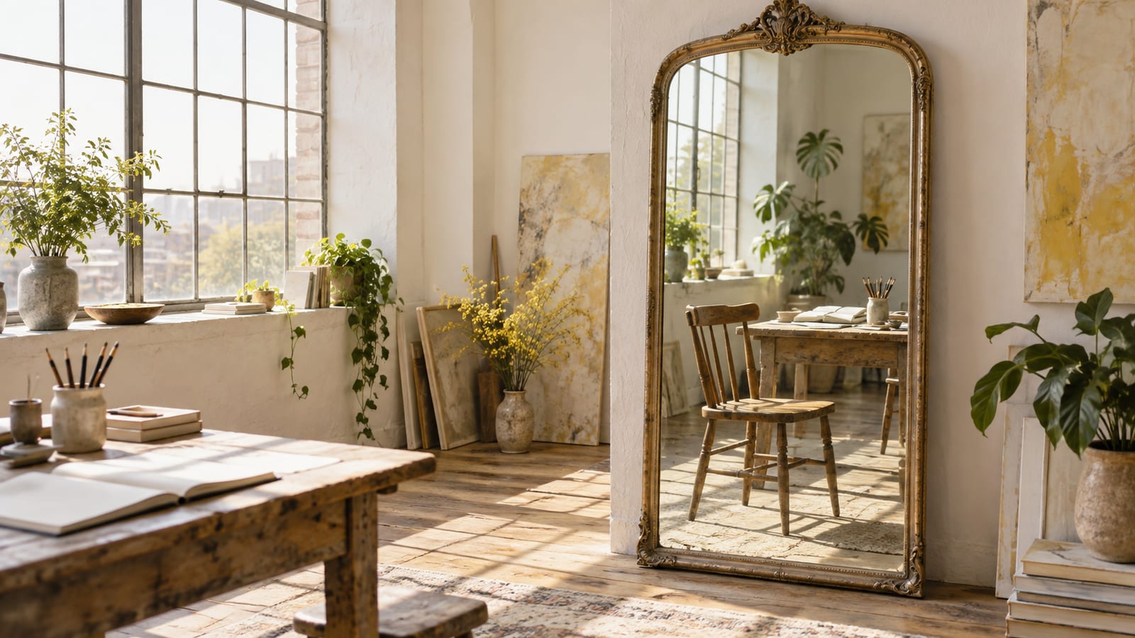 Un espejo grande de pie en un estudio luminoso refleja una silla vacía y una mesa con cuadernos en blanco y lápices, junto a una ventana alta con luz de mañana.