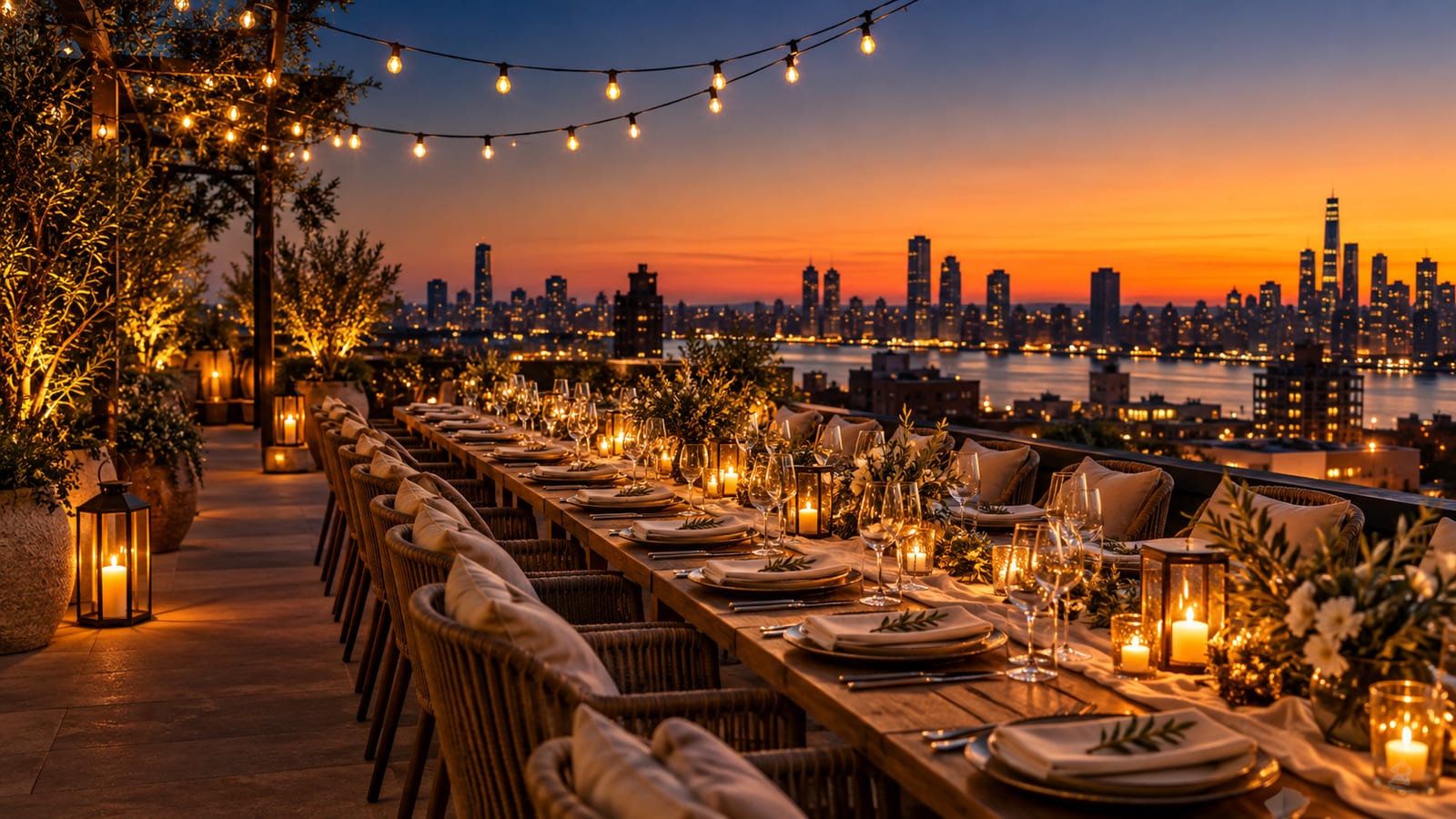 Una mesa larga puesta para muchos invitados en una terraza al atardecer, con guirnaldas de luces encendidas, copas y velas, y sillas vacías esperando frente a la ciudad.