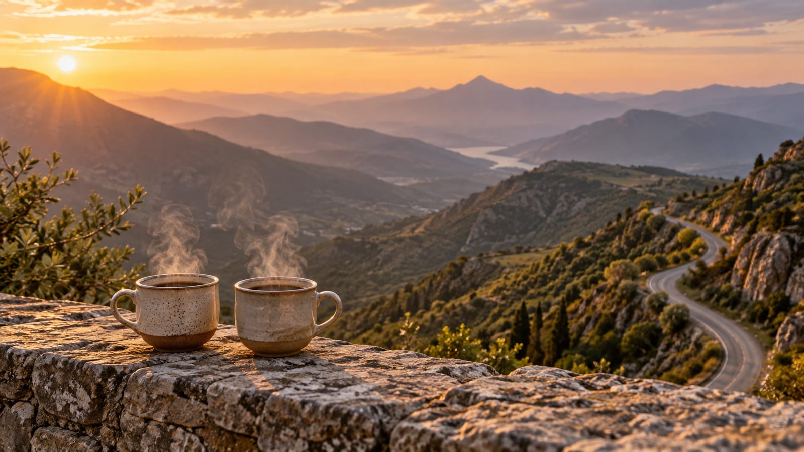 Una carretera de montaña que serpentea hacia un puerto lejano bajo la luz dorada de la tarde, vista desde un mirador con dos tazas de café sobre el muro de piedra.