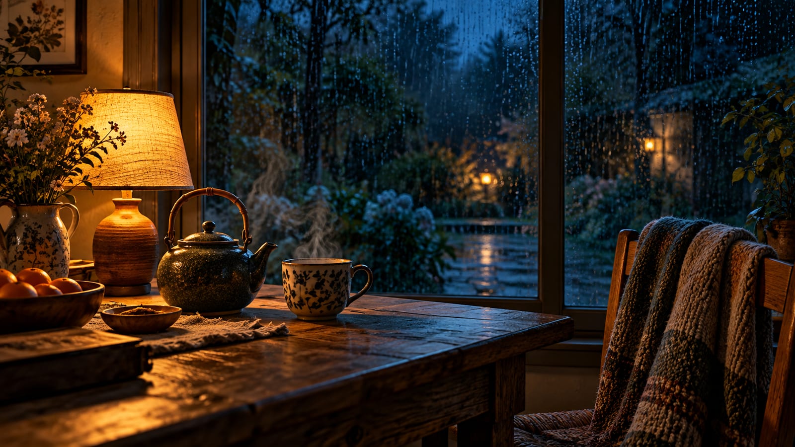 Una mesa de cocina de madera junto a una ventana con lluvia al anochecer, con una tetera humeante, una taza y una lámpara cálida encendida frente al jardín oscuro.