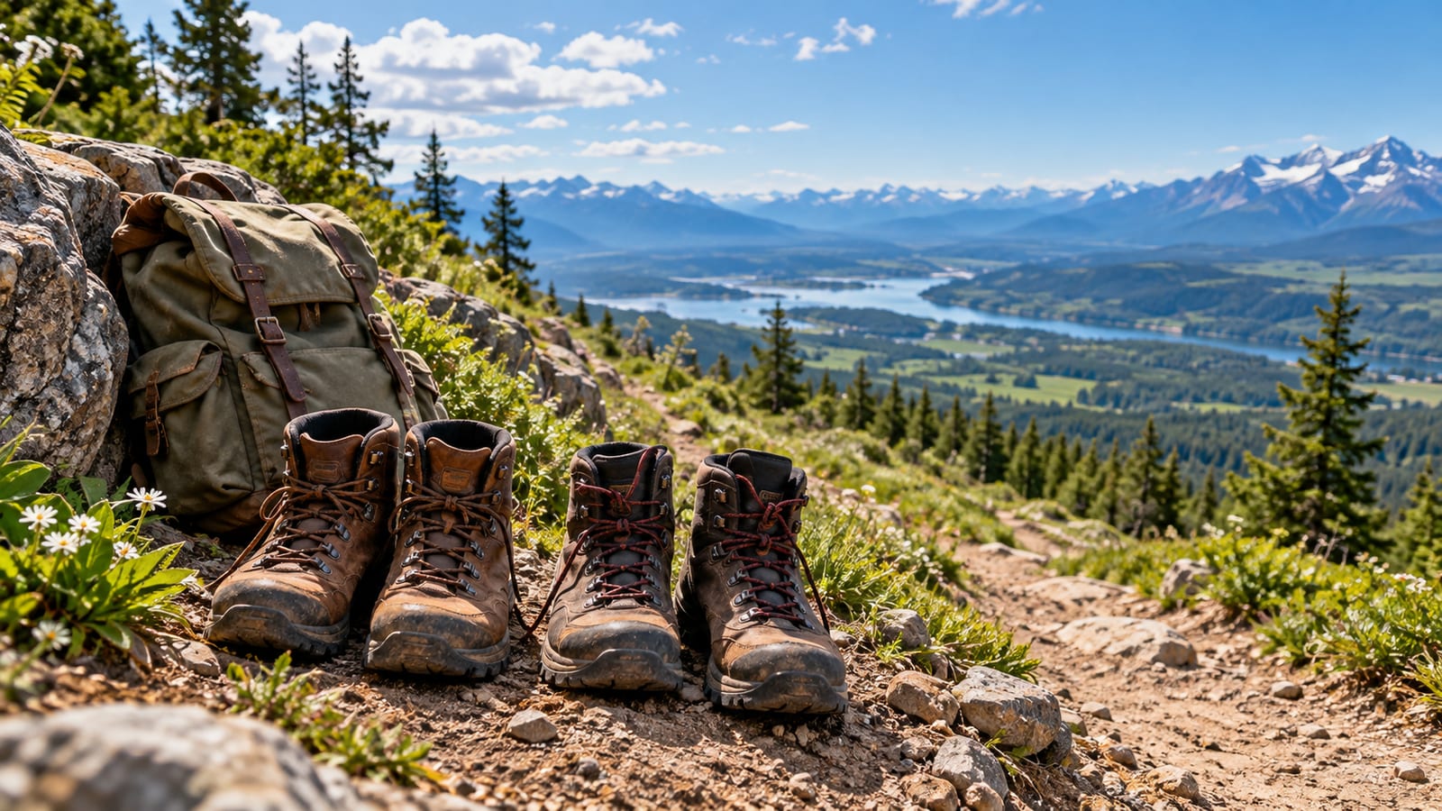 Dos pares de botas de montaña, uno junto a otro, al comienzo de un sendero que sube hacia un valle lejano, con una mochila apoyada en una roca.