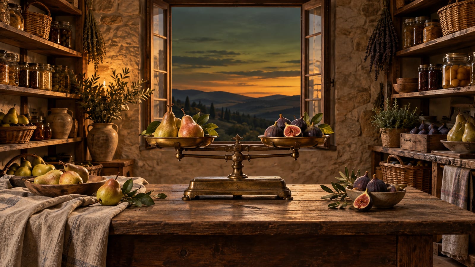 Una balanza antigua de dos platillos en equilibrio con peras e higos, sobre una mesa de madera en una despensa ordenada, con una ventana abierta al atardecer sobre las colinas.