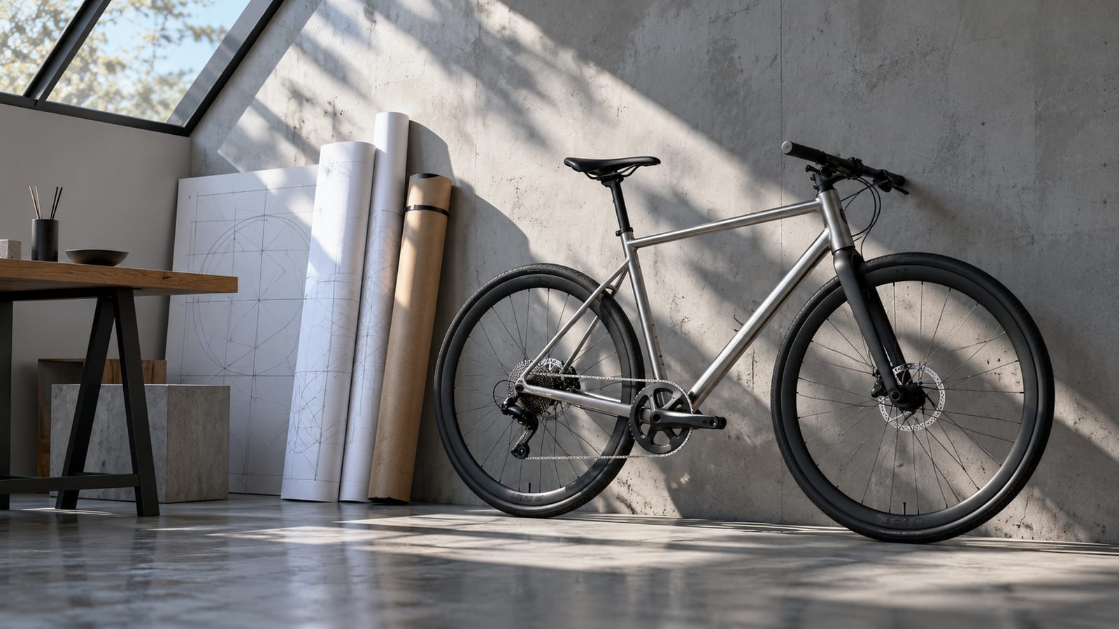 Una bicicleta de aluminio apoyada contra una pared de estudio con planos técnicos enrollados en un tubo de cartón, con luz fría de mañana desde un tragaluz.