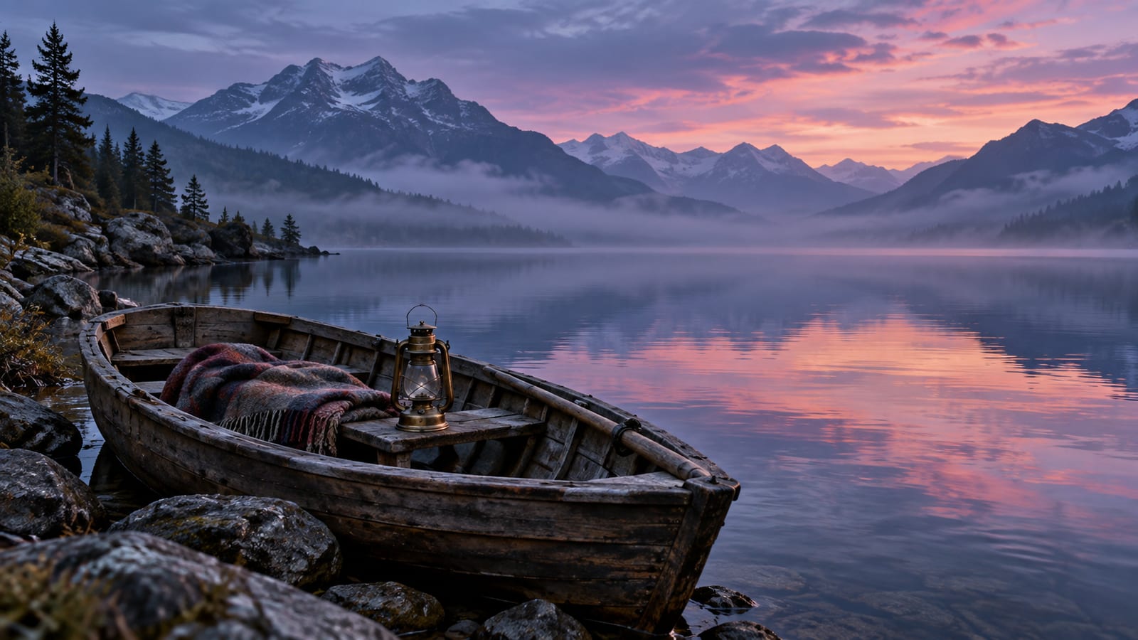 Una barca de madera varada en la orilla de un lago en calma al atardecer, con una manta doblada y un farol apagado dentro, montañas con neblina al fondo.
