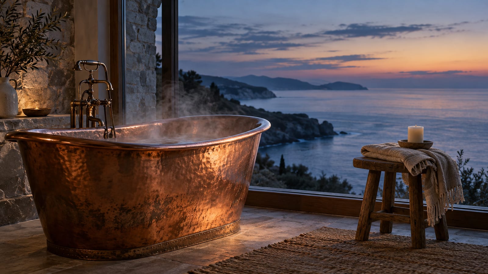 Una bañera de cobre antigua junto a una ventana con vista al mar al anochecer, con una toalla doblada y una vela sin encender sobre un taburete.