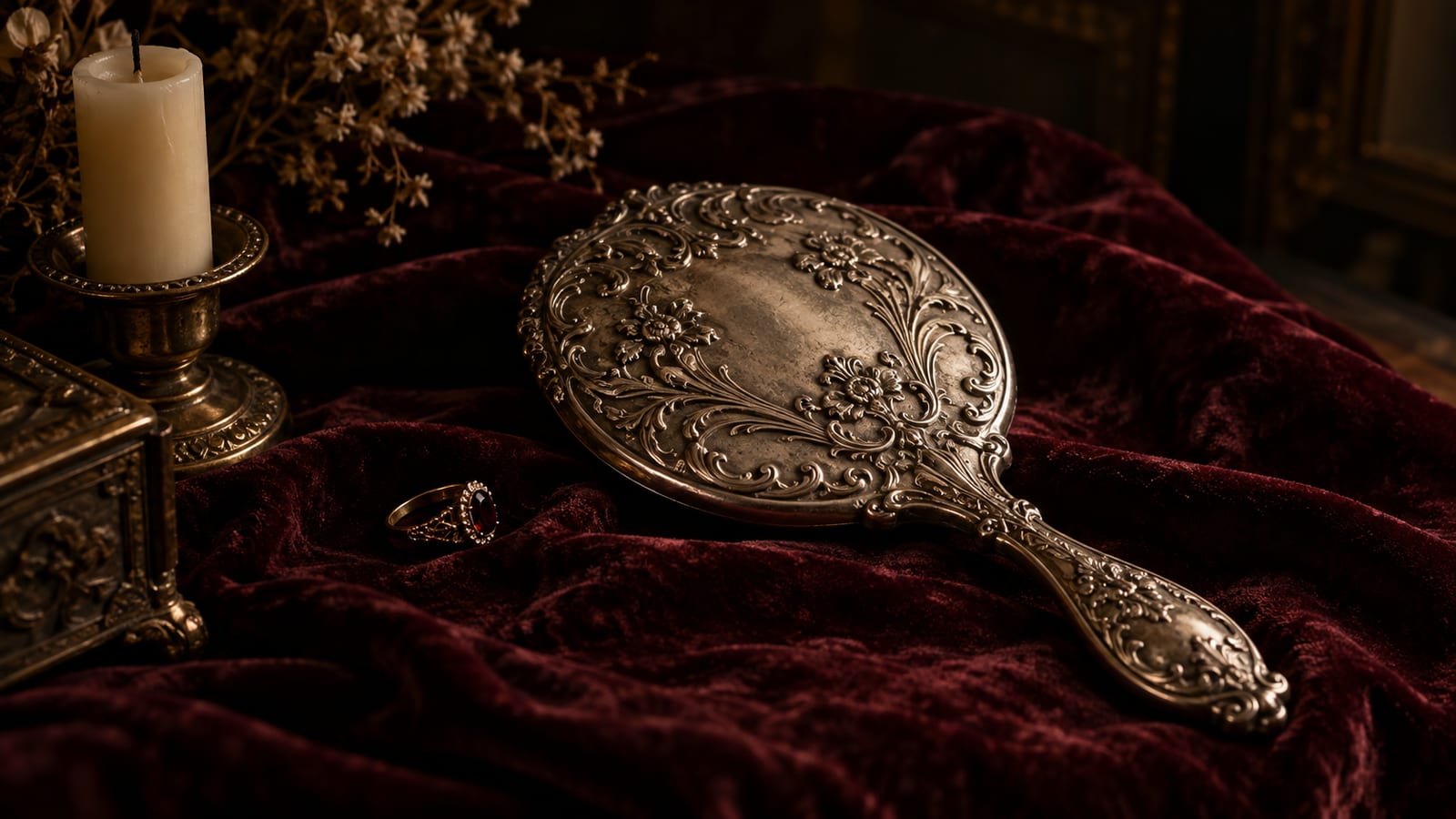 Un espejo de mano de plata antigua apoyado boca abajo sobre terciopelo oscuro, junto a una vela apagada y un anillo, con iluminación cálida y tenue.