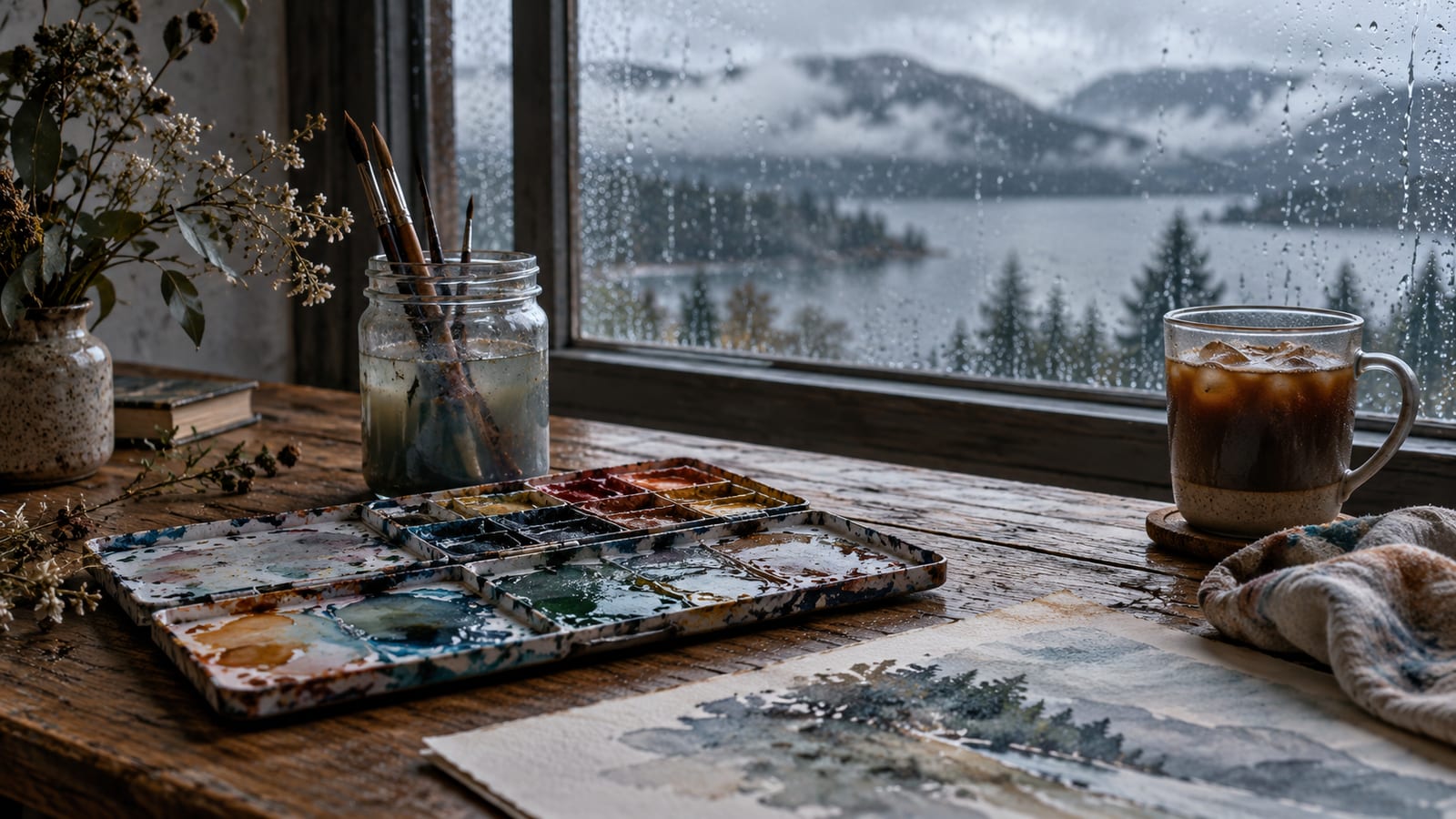 Una paleta de acuarelas usadas y un frasco con agua turbia sobre una mesa de madera, junto a una ventana con lluvia fina y una taza de café frío.