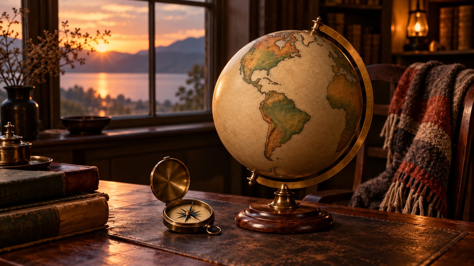Un globo terráqueo antiguo de madera y latón sobre un escritorio en penumbra, junto a una brújula abierta y una manta sobre el respaldo de una silla.