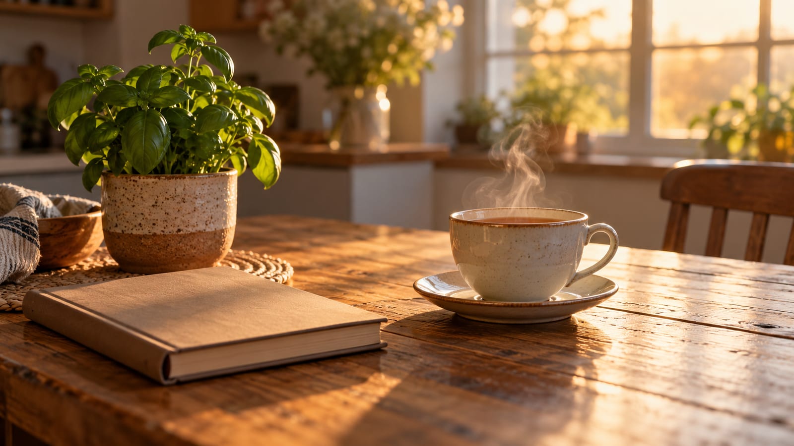 Una mesa de cocina de madera con una libreta de cuentas cerrada, una taza de té humeante y una planta de albahaca, con luz de tarde entrando por la ventana.
