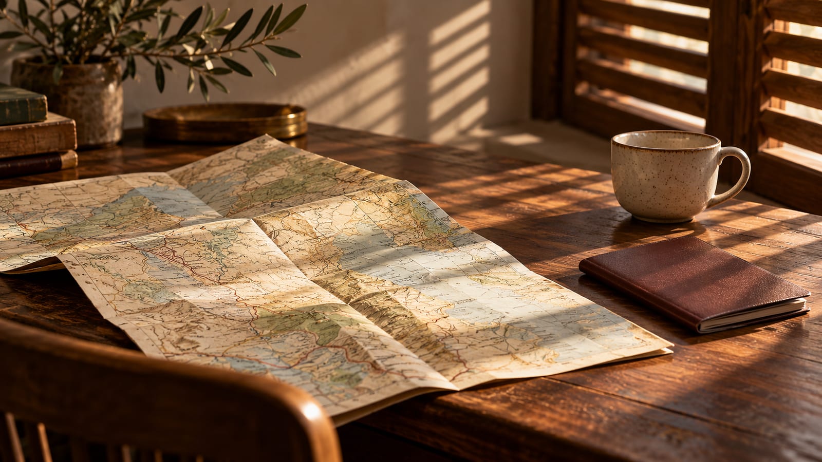 Una mesa de estudio con un mapa de viaje a medio doblar, un pasaporte cerrado y una taza vacía, con luz de tarde entrando por persianas de madera.