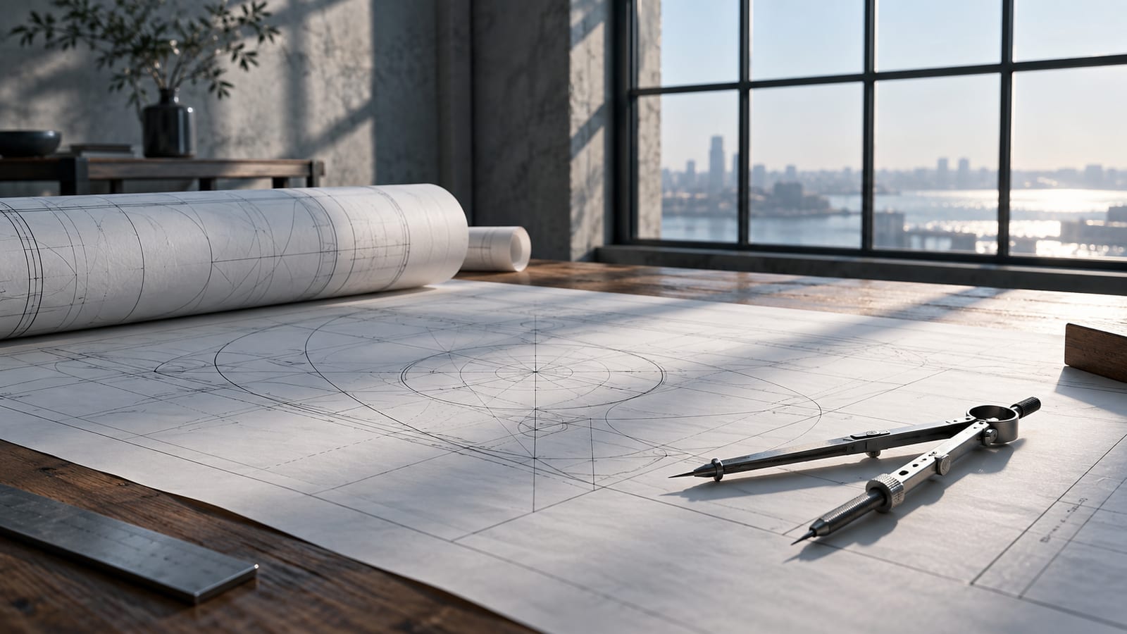 Un tablero de dibujo técnico con planos enrollados a medias y un compás de metal abierto sobre la mesa, con luz fría de mañana.