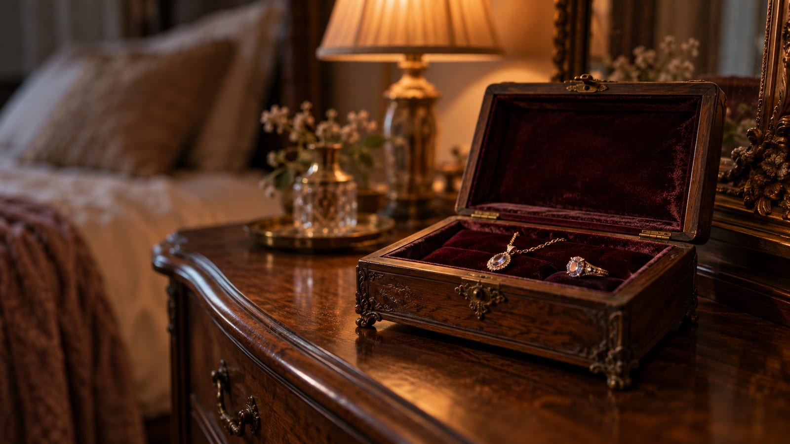 Un joyero de madera antiguo abierto sobre una cómoda, con un anillo y un collar guardados a medias entre terciopelo gastado, con luz tenue de lámpara.