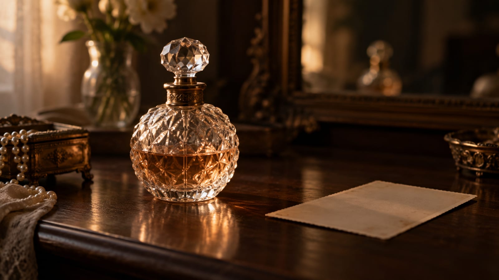 Un frasco de perfume antiguo de cristal tallado, medio vacío, sobre un tocador de madera oscura, junto a una fotografía vuelta boca abajo.
