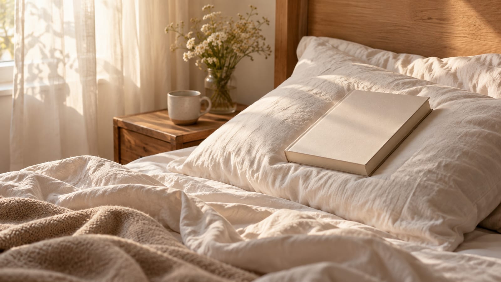 Una cama deshecha con luz de mañana entrando por una cortina translúcida, un libro cerrado sobre la almohada y una taza vacía en la mesita de noche.