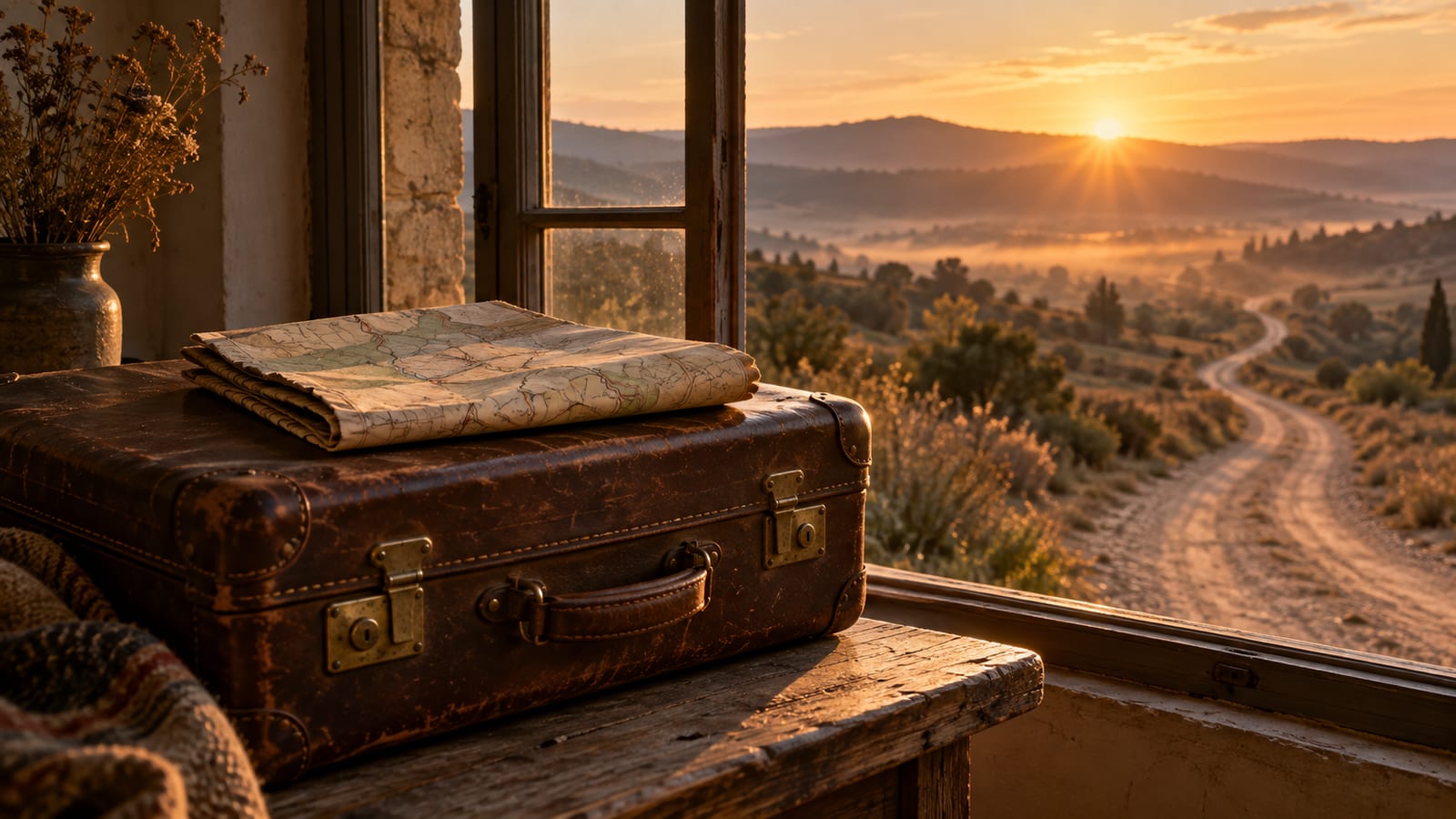 Una maleta de cuero vieja cerrada junto a una ventana con vista a un camino de tierra al amanecer, con un mapa doblado apoyado encima.