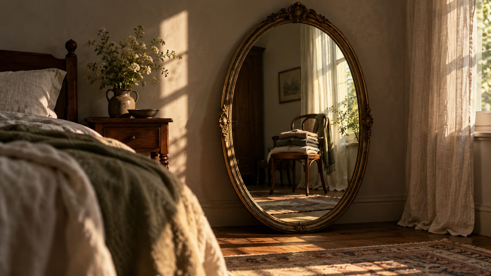Un espejo ovalado antiguo apoyado contra la pared de un dormitorio, reflejando una silla vacía con ropa doblada encima, con luz suave de mañana.
