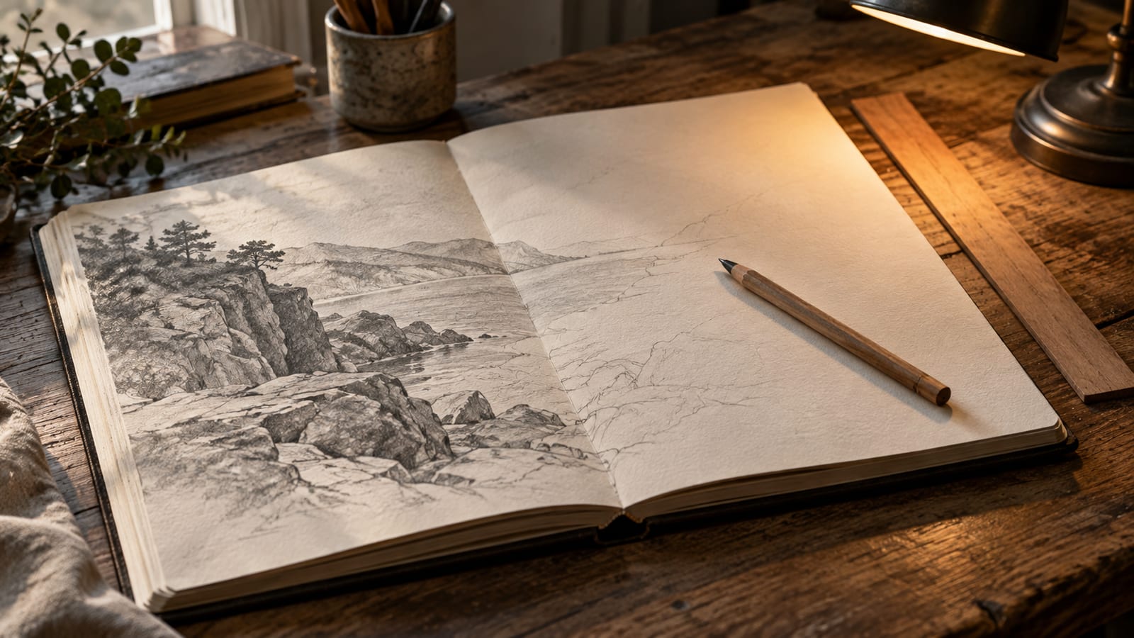 Un cuaderno de bocetos abierto en una página a medio dibujar, con un lápiz sin punta sobre el papel y una regla de madera al lado, con luz cálida.