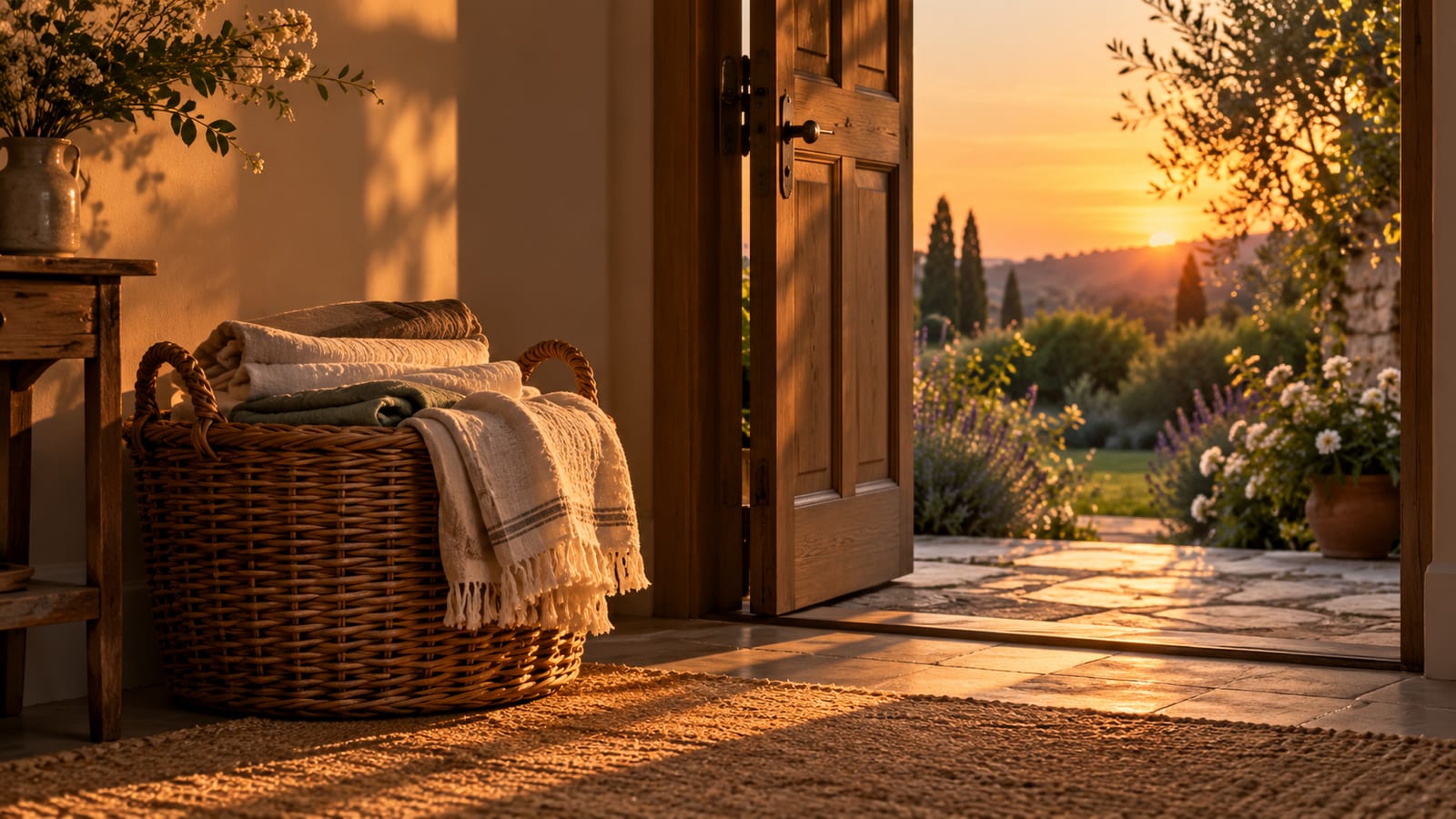 Una cesta de mimbre con ropa de cama doblada junto a una puerta entreabierta que da a un jardín al atardecer, con luz cálida filtrándose.
