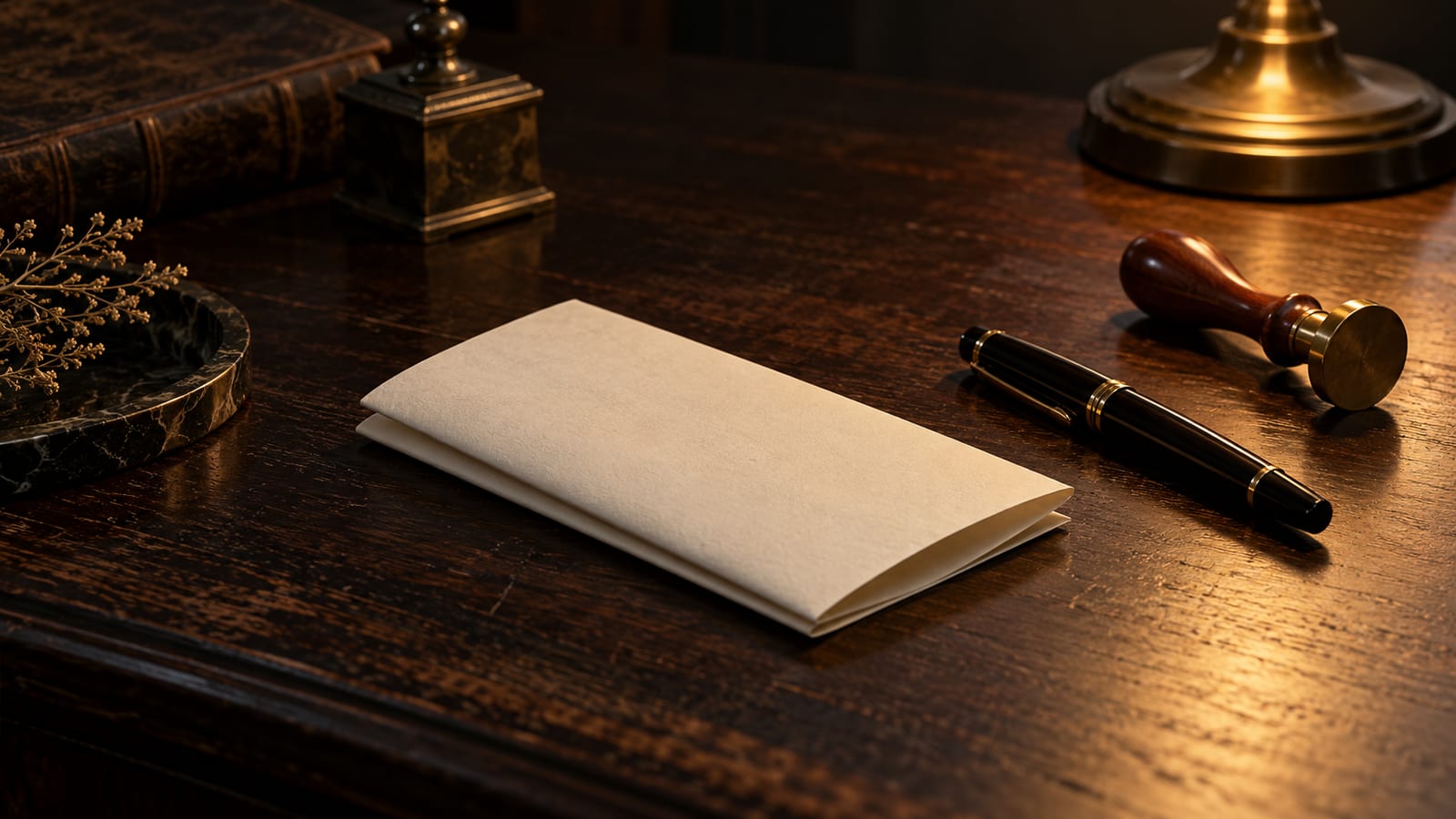 Un contrato de papel doblado en tres partes sobre un escritorio de madera oscura, junto a una pluma cerrada y un sello de lacre sin usar.