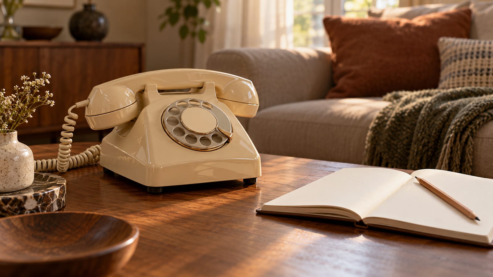 Un teléfono de disco antiguo sobre una mesa de café, con el auricular colgado y una libreta abierta junto a un lápiz sin usar.
