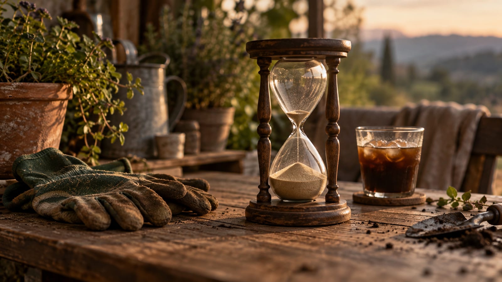 Un reloj de arena de madera casi vacío sobre una mesa de trabajo, junto a un par de guantes de jardinería gastados y una taza de café frío.