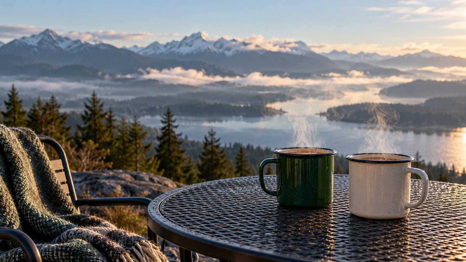 Dos tazas de café esmaltadas de colores distintos sobre una mesa exterior de metal, con vapor subiendo de ambas y luz fría de mañana.
