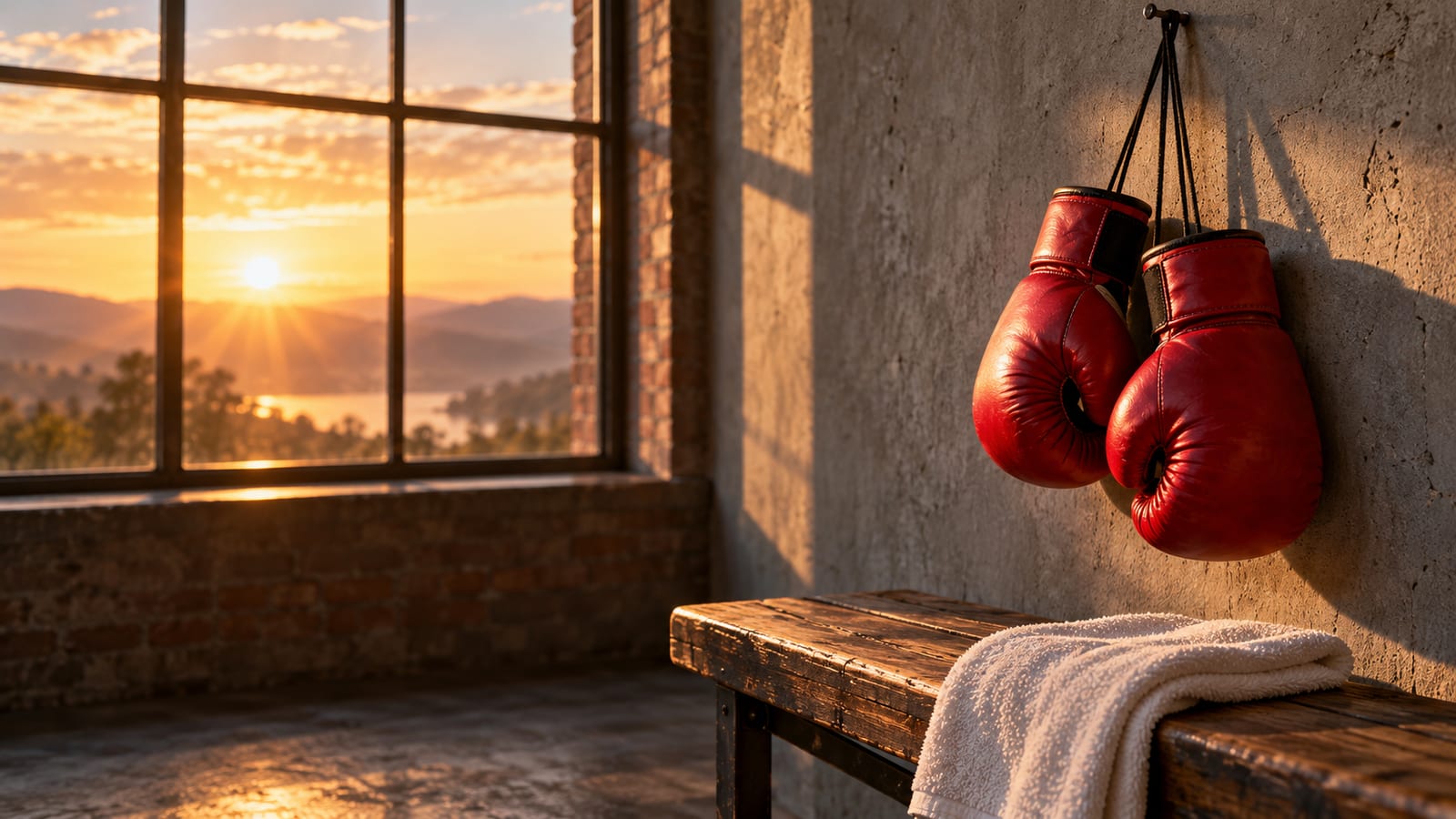 Un par de guantes de boxeo rojos colgados de un clavo junto a una ventana con luz de amanecer, con una toalla blanca doblada debajo.