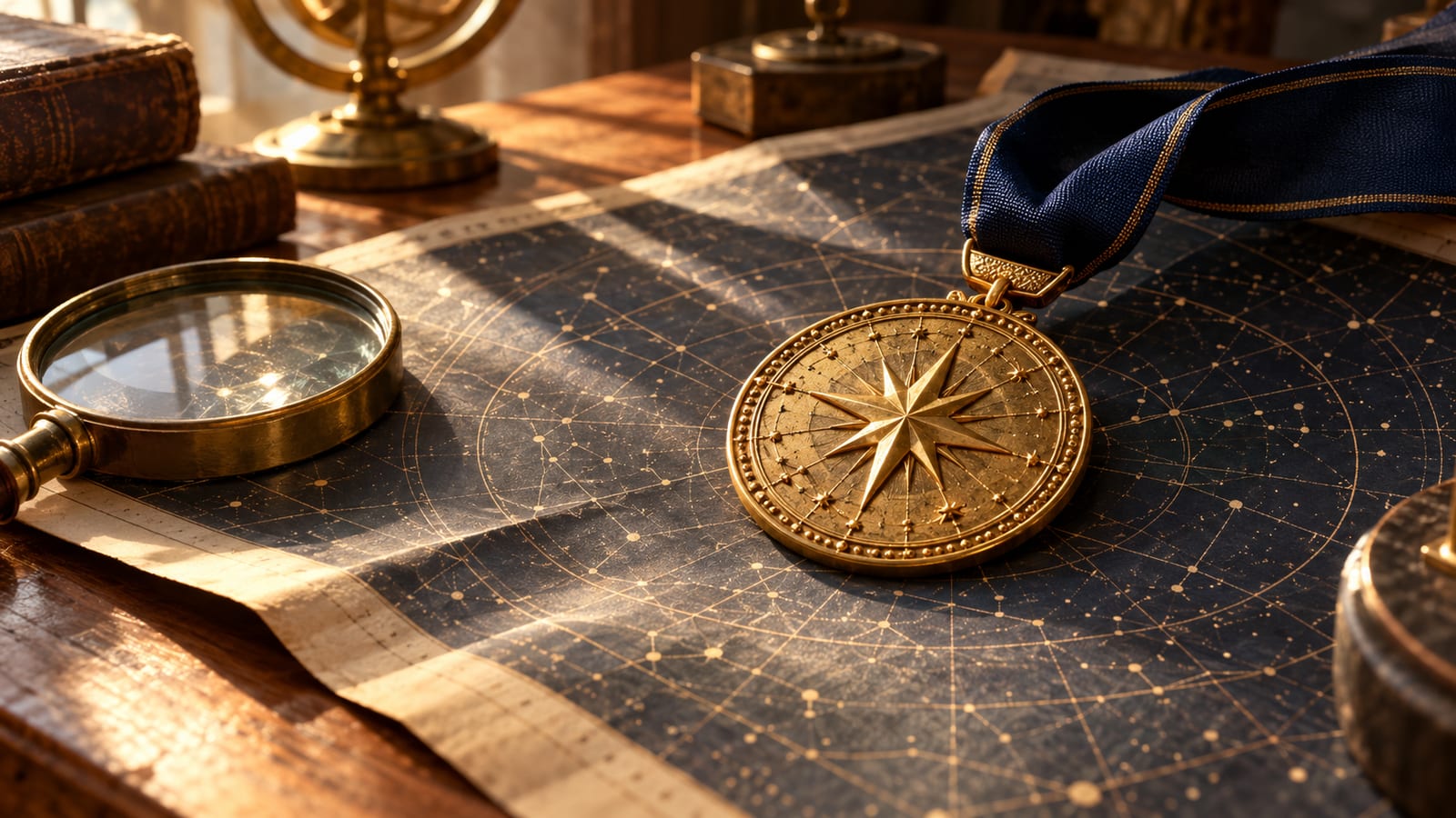 Una medalla dorada antigua colgada de una cinta sobre un mapa de estrellas desplegado en una mesa, con una lupa de bronce al lado.