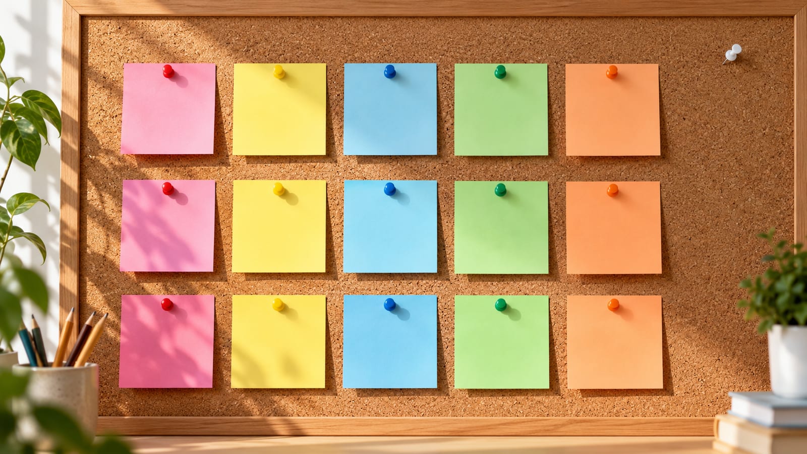 Un tablero de corcho con varias notas adhesivas de colores distintos organizadas en columnas, con una chincheta de más sin usar en la esquina.