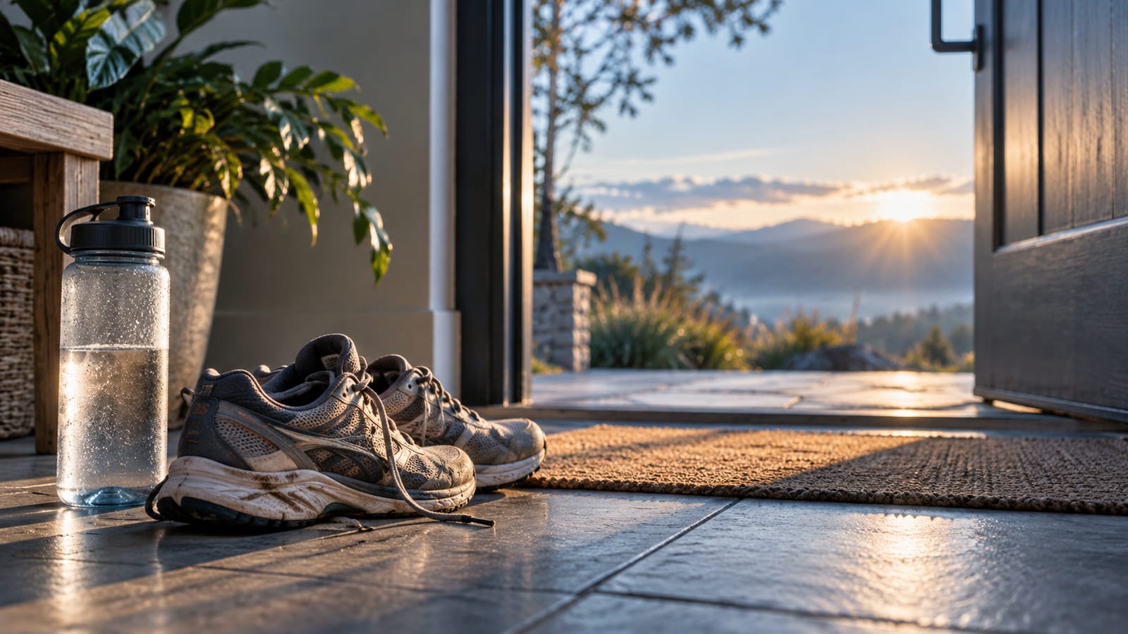 Un par de zapatillas de correr gastadas junto a la puerta de entrada, con una botella de agua a medio llenar y luz fría de amanecer entrando.