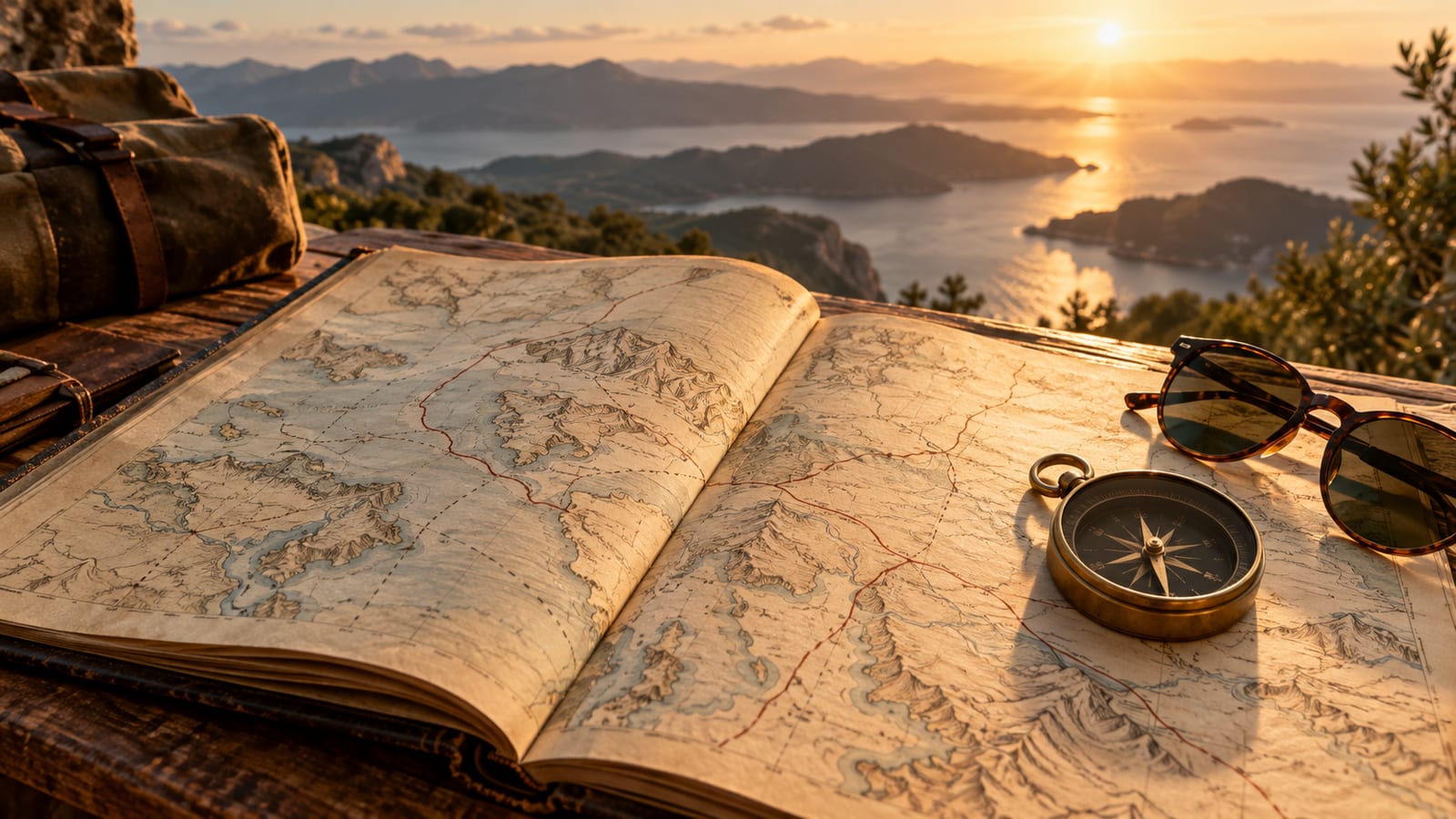 Un atlas antiguo abierto en una página con rutas marcadas a lápiz, junto a una brújula de bolsillo y un par de gafas de sol sobre el mapa.