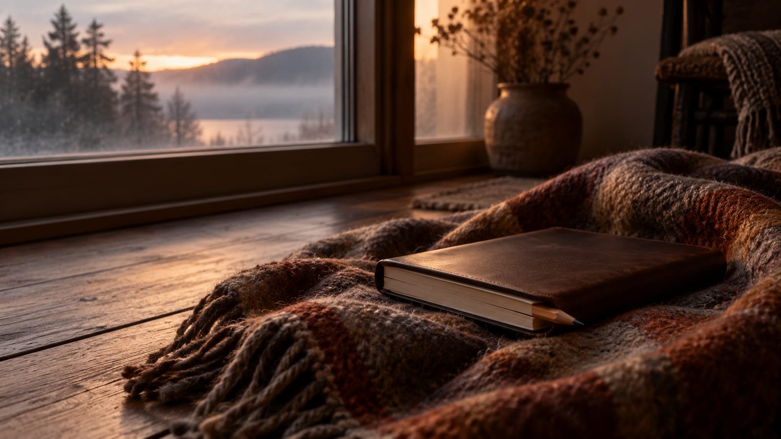 Un cuaderno cerrado con un lápiz insertado como marcador sobre una manta de lana en el suelo, junto a una ventana con luz tenue de madrugada.