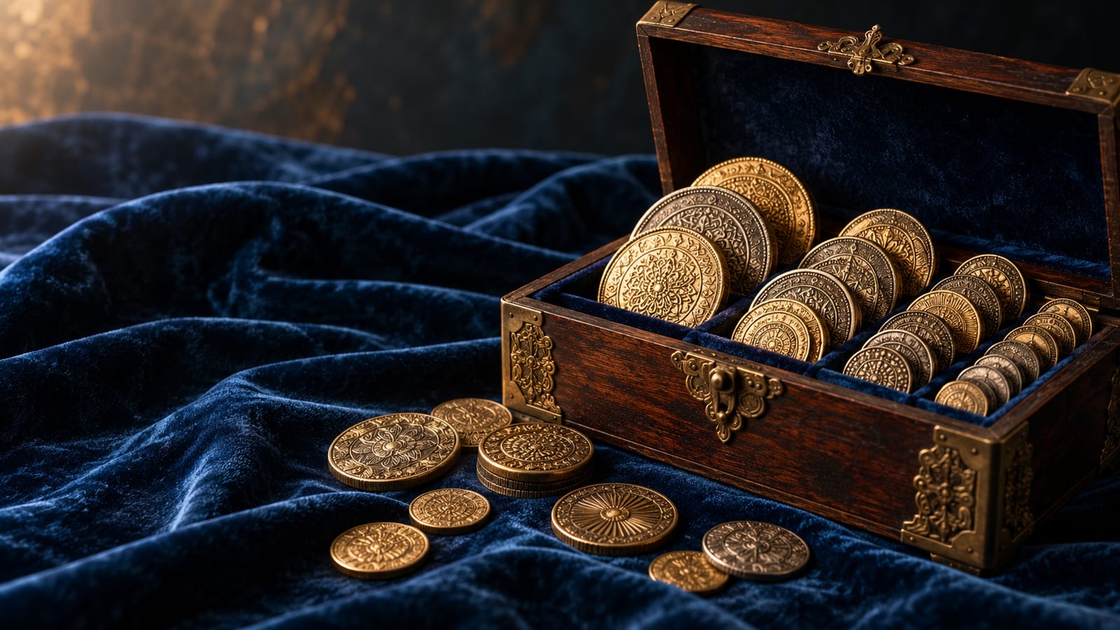 Un cofre de madera pequeño abierto con monedas antiguas de colección organizadas por tamaño, sobre un paño de terciopelo azul.