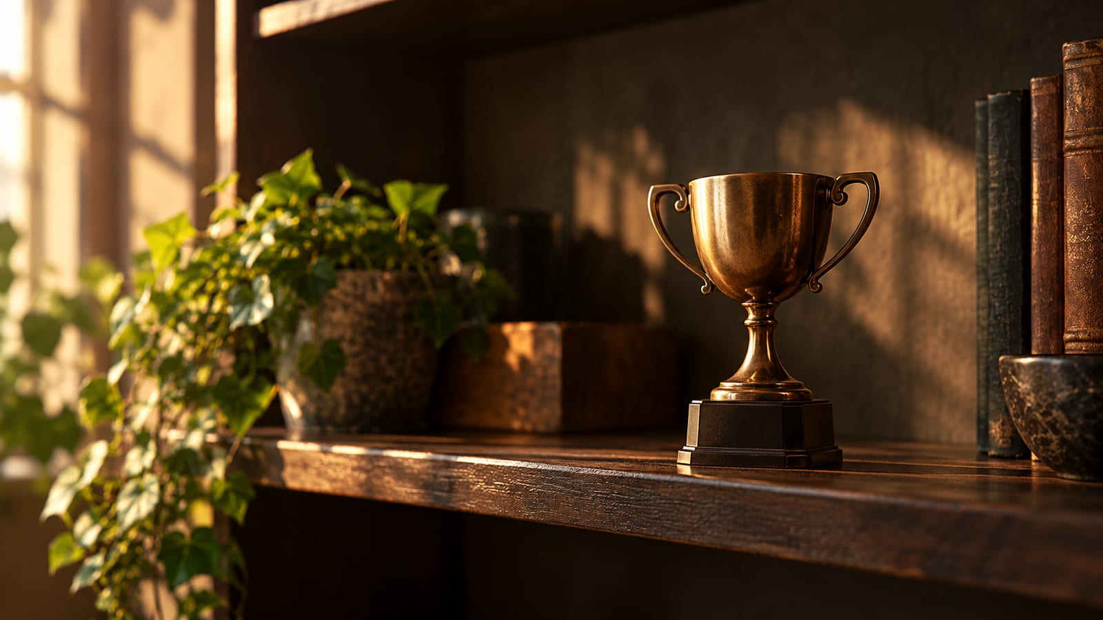 Un trofeo pequeño de bronce sin inscripción sobre un estante de madera oscura, con luz cálida de mañana entrando de lado.