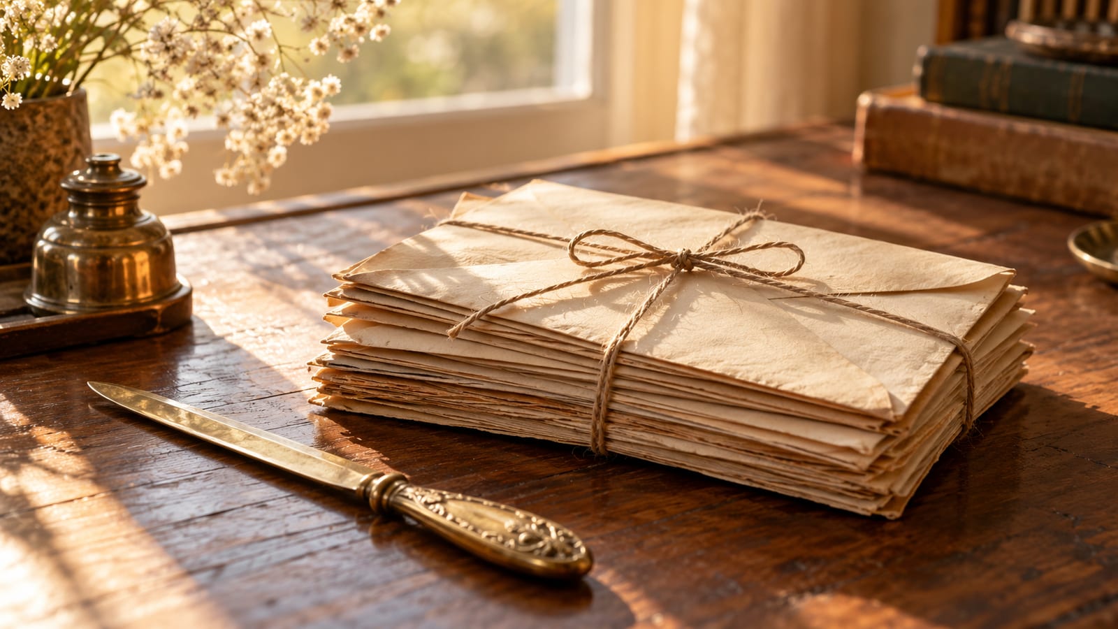 Una pila de cartas antiguas atadas con un cordel sobre un escritorio, junto a un abrecartas de bronce y luz cálida de mañana.