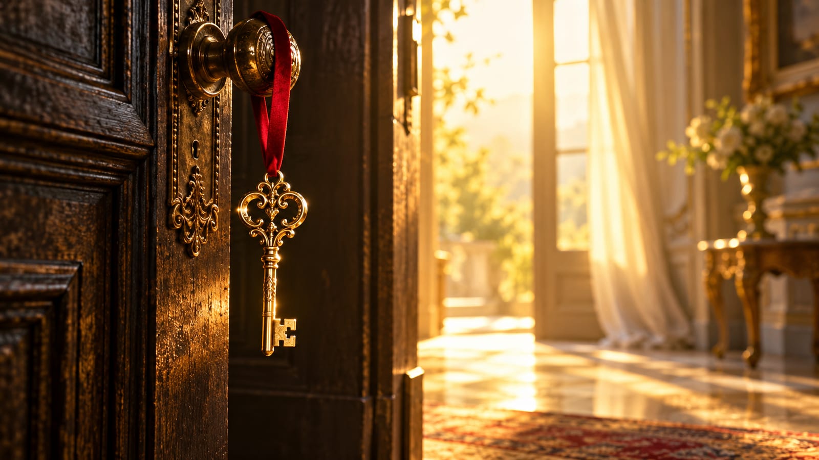 Una llave dorada antigua colgada de una cinta roja sobre una puerta entreabierta que deja pasar luz cálida de mañana.