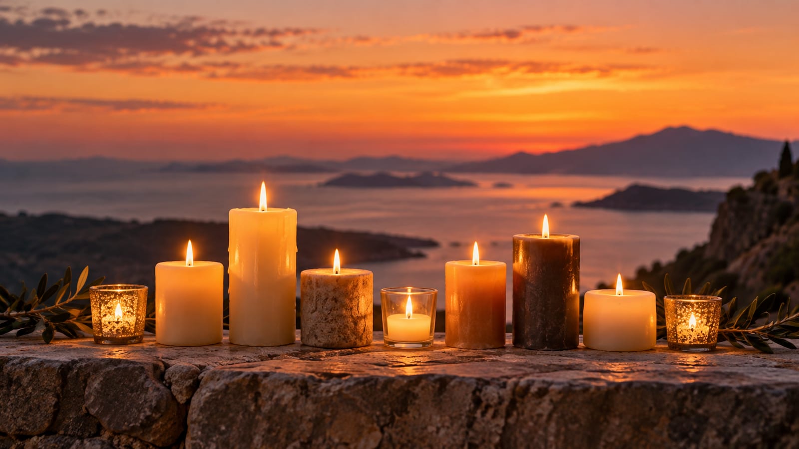 Un grupo de velas de distintos tamaños encendidas sobre una repisa de piedra al anochecer, formando una fila ordenada.