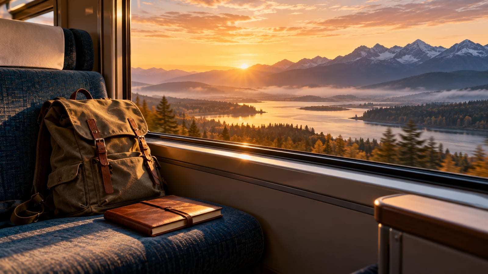 Un asiento junto a la ventana de un tren al amanecer, con una mochila de lona y un cuaderno cerrado sobre el asiento y un paisaje amplio de lagos y montañas pasando fuera.