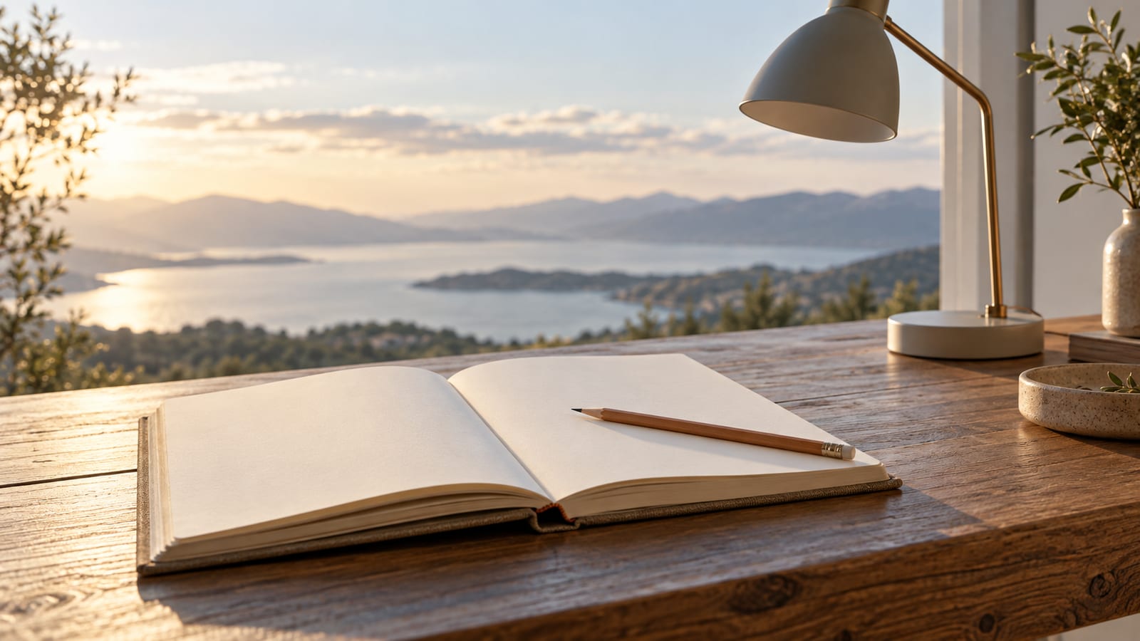 Un cuaderno de tapa dura abierto en una página en blanco con un lápiz recién afilado encima, junto a una lámpara de escritorio apagada.