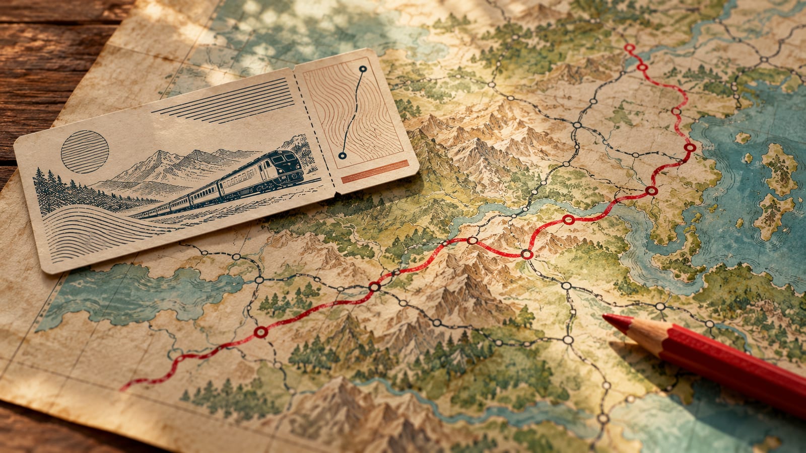 Un billete de tren impreso sobre un mapa de rutas, con una nueva ruta trazada a mano en tinta roja cruzando la original.